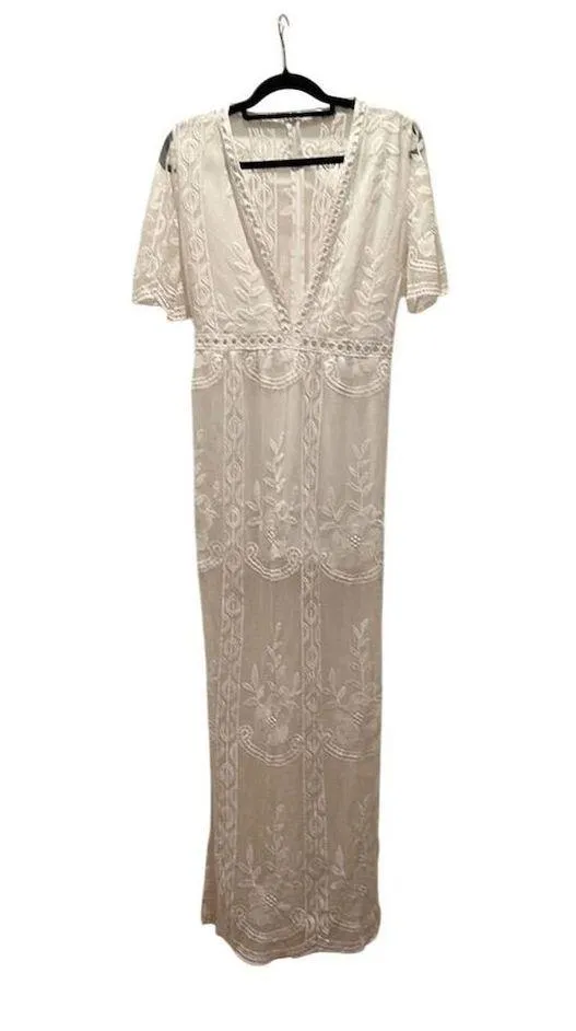 Eleter White Lace V-Neck Maxi Romper Dress Women's Boho Party Outfit Small - Image 4