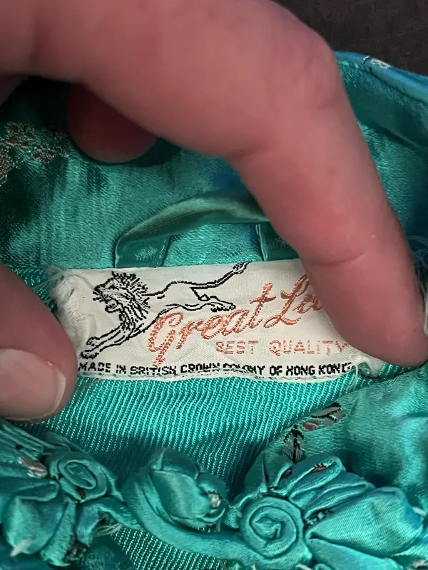 Vintage Great Lion Jacket Womens XS Teal Silk Embroidered Mandarin Hong Kong 60s - Image 10