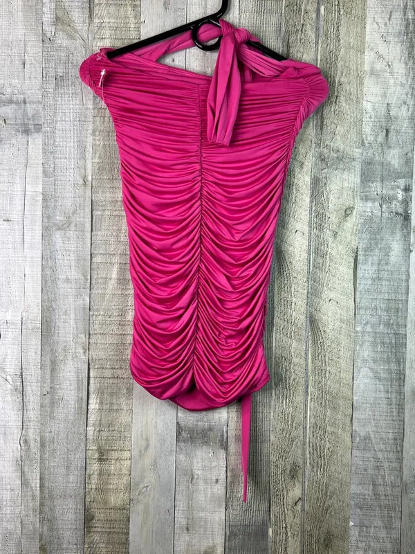 Lucy In The Sky Pink Medium Ruched Mini Dress Ties around The Neck (Flawed-Hole) - Image 4