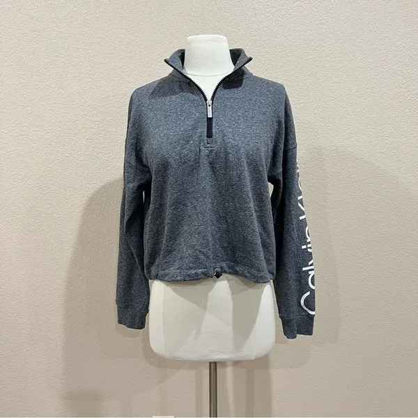 Calvin Klein Heather Grey Half Zip Oversized Crop Pullover Sz Small - Image 9