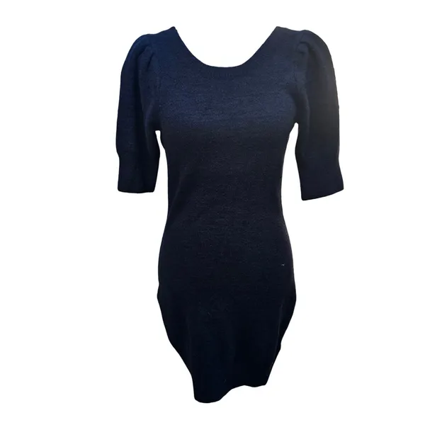 Anthropologie Daily Practice Black Knit Mini Dress‎ Puff Short Sleeve Tie Back S - Image 2