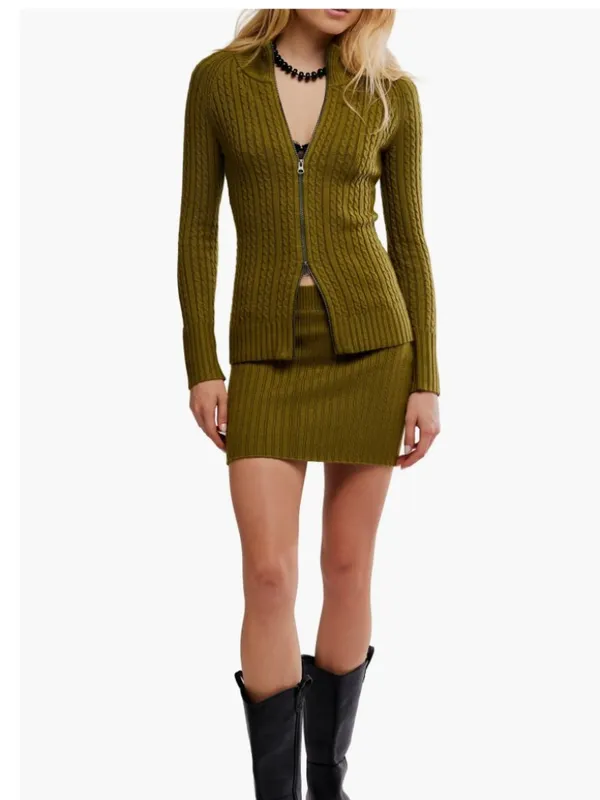 NWT Free People Eliza Cable Zip-Up Cardigan & Rib Miniskirt 2PCS Set Green M - Image 2