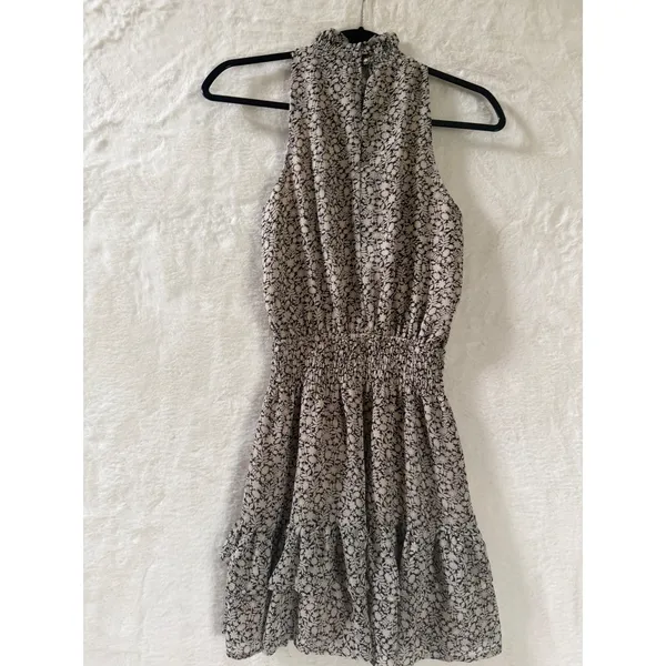 Olivia Grey Floral Smocked High Neck Mini Dress Tan Black Sleeveless‎ XS - Image 6