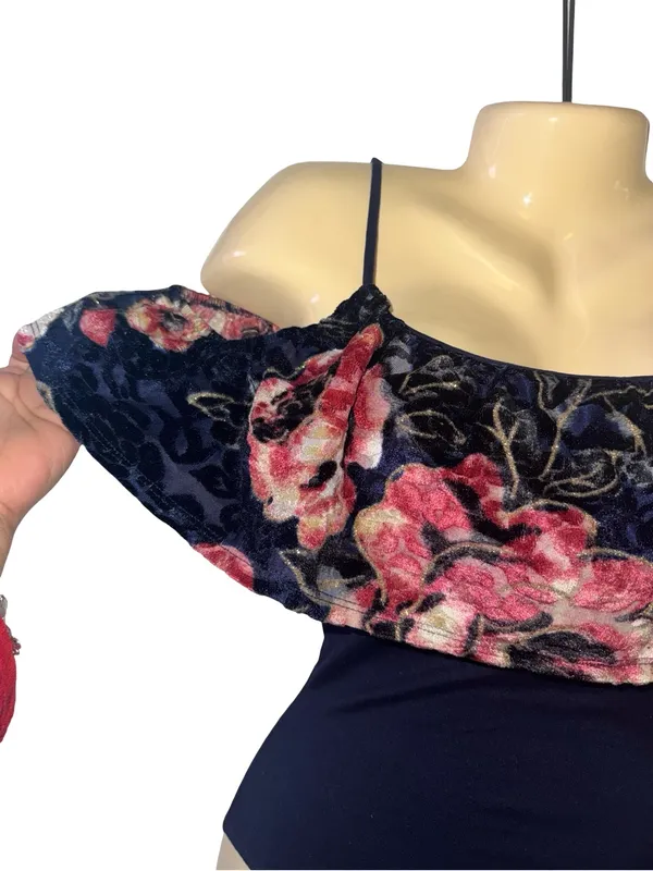 Francesca's Navy Velvet Floral Bodysuit with Pink Bloom Detail - Image 4