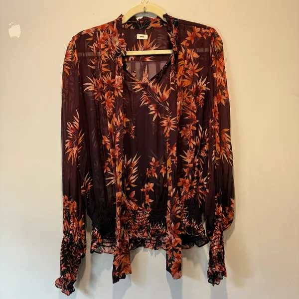 🍁 Warm New York‎ Floral Semi Sheer Neck Tie Blouse Burgundy Long Sleeve Elastic - Image 2