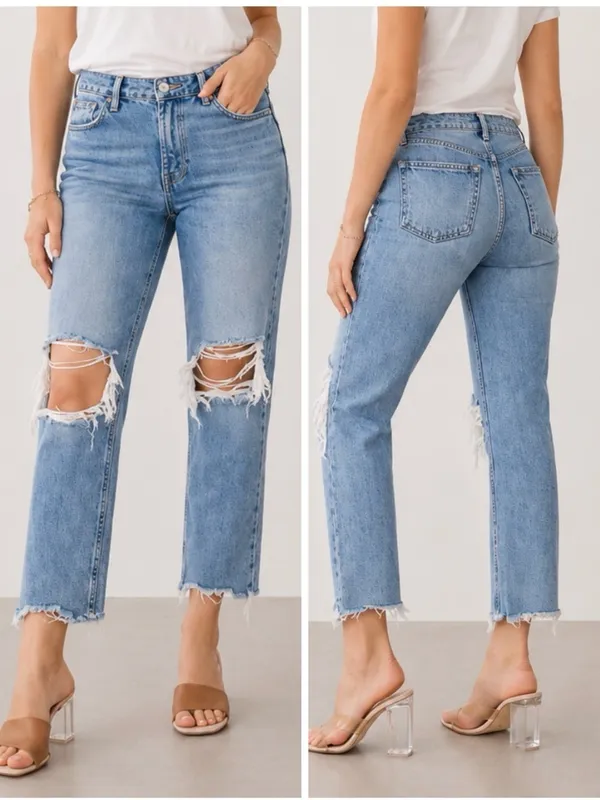 Free People Maggie Straight Leg Jeans Distressed Mid Rise Raw Hem - Image 6