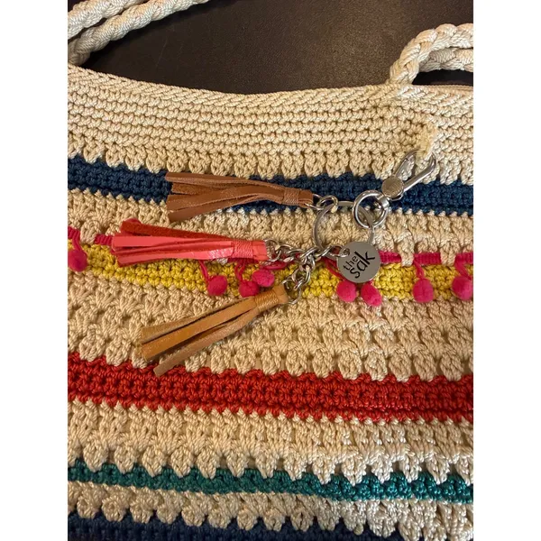 The Sak Womens Medium Shoulder Bag‎ Multi Color Striped Crochet Pom Pom Tassels - Image 7