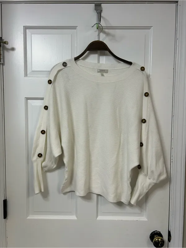 Cupio Cream Ribbed Crewneck Sweater with Button-Trim Sleeves - Image 2