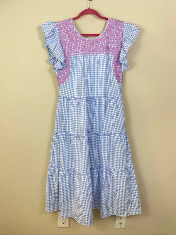 J. Marie Blue Gingham Plaid Flutter Sleeves Floral Embroidery Tiered Midi Dress - Image 9