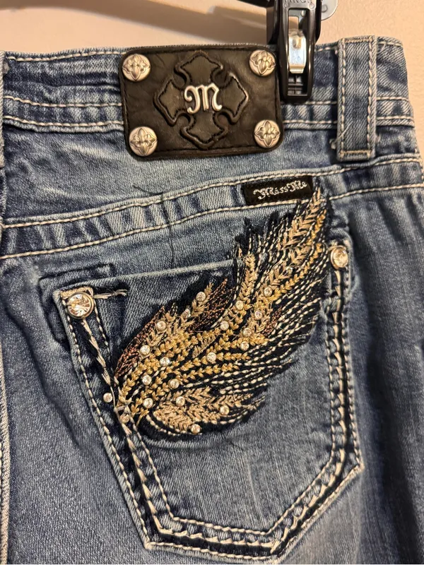 Miss Me feather wings Boot cut low rise rhinestone jeans‎ Women's 29 - Image 7