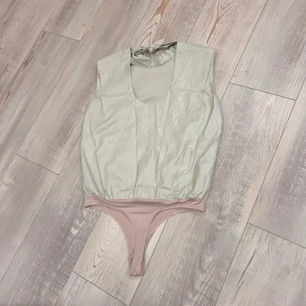Amanda Uprichard Cream Sleeveless Draped Bodysuit Faux Leather NWOT - Image 6