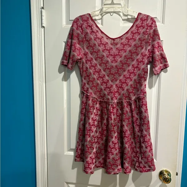 Free People babydoll knit cotton mini dress M berry pink - Image 2