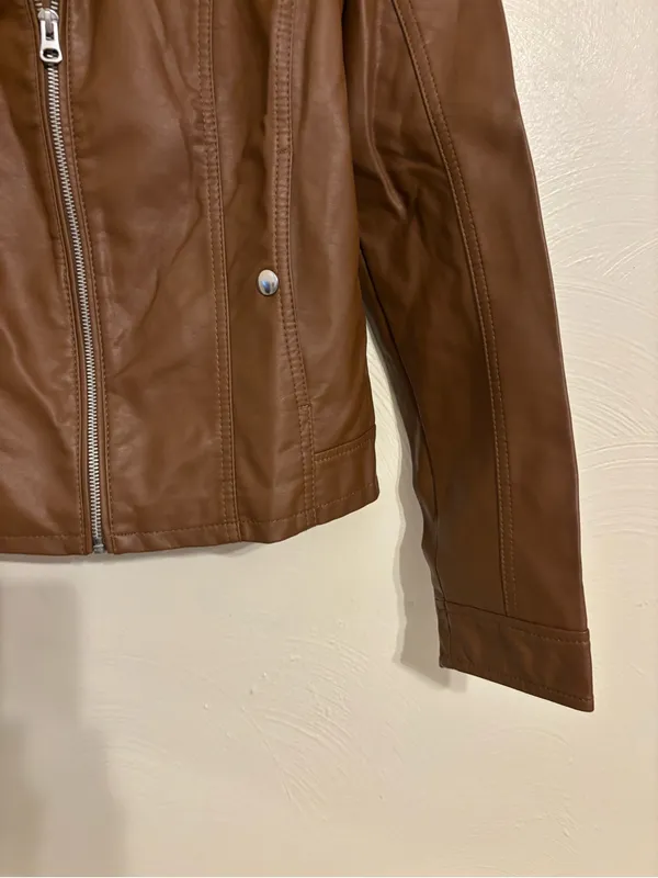Vero Moda Cognac Faux Leather Moto Jacket L Quilted Zip - Image 7