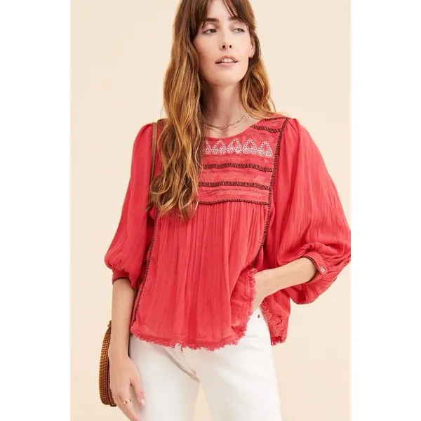 Free People Red Boho Embroidered Lace Peasant Top Women’s Size S/p - Image 3