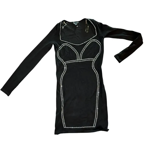Say What Y2K Black Rhinestone Bodycon Mini Dress Long‎ Sleeve S NWOT - Image 6