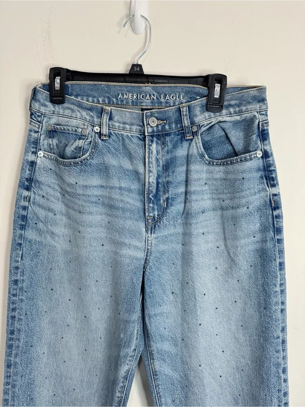 American Eagle Strigid Curvy Embellished Bling Super High Waist Baggy Straight Jeans sz 10L - Image 4