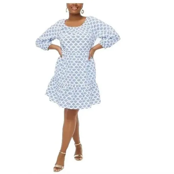 J Crew 0 Scoopneck Tiered Cotton Poplin Mini Dress Blue Pattern Block Print - Image 2
