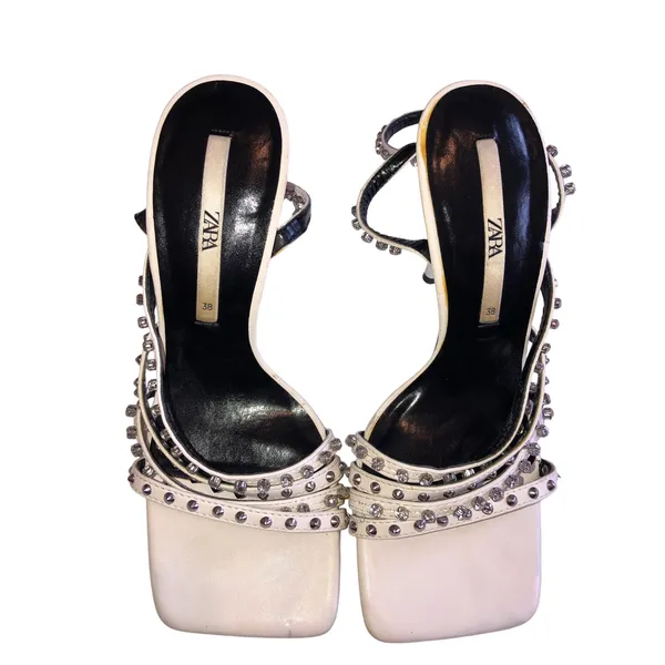 Zara Studded High Heel Sandals Size 38 White Silver Crystals Square Toe 7.5 US - Image 3