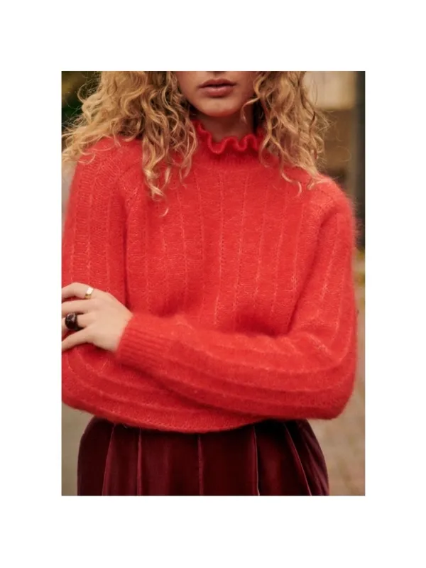 SEZANE Bright Red Mohair Merino Wool Knit Ruffle High Neck Sweater Loris Jumper - Image 4