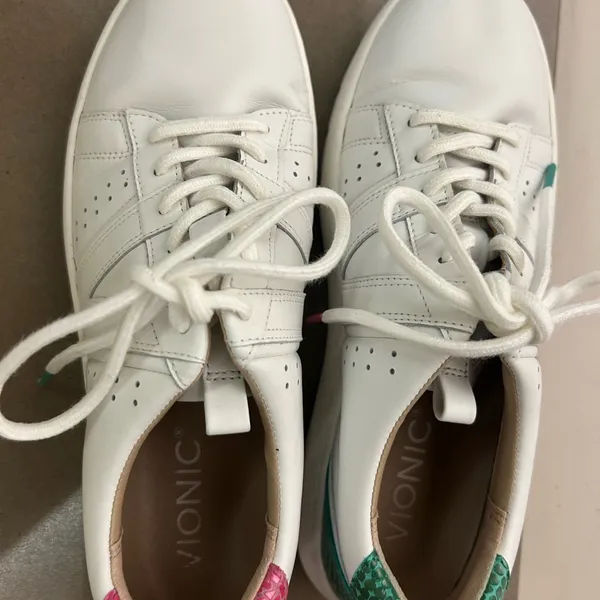 Sneakers White Leather Women's Sneakers with Green Heel Accent 6 by Vionic - Image 6