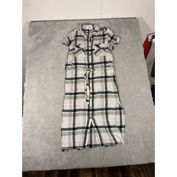 Anthropologie Cloth & Stone Hannah Shirtdress M Plaid‎ Short Sleeve Belted White - Image 4
