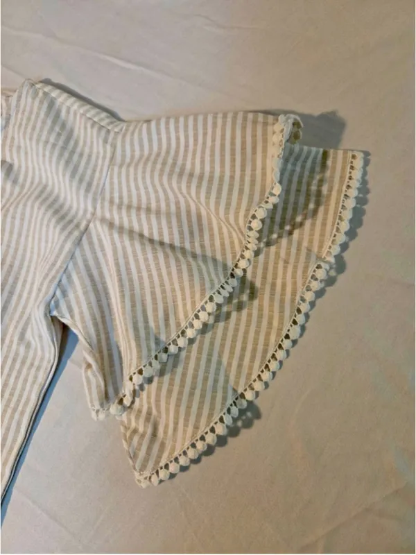 Mikarose Women’s Striped Tiered Flutter Sleeve Top Pom Pom Trim Ivory Tan Size S - Image 5