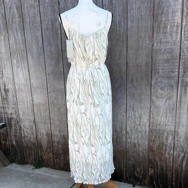 S Deer Shabby Chic Spaghetti Strap Cream & Green Print Elegant Maxi Dress Size L - Image 8