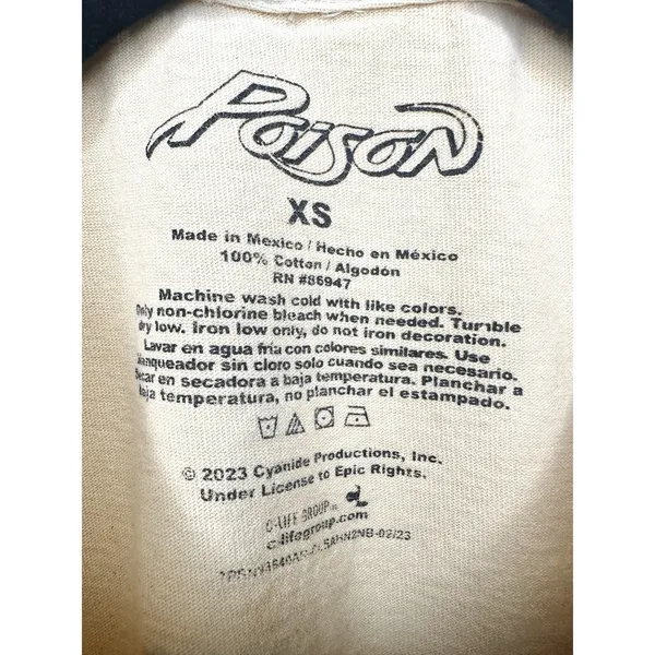 Poison Band Tee T-Shirt XS Skull Roses Life Loves A Tragedy Graphic Retro‎ Cream - Image 15