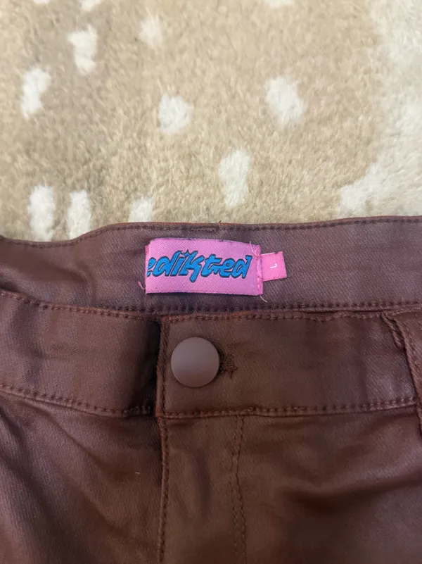 Edikted Brown Coated High Rise Flare Pants Size L Faux Leather Look Y2K - Image 5