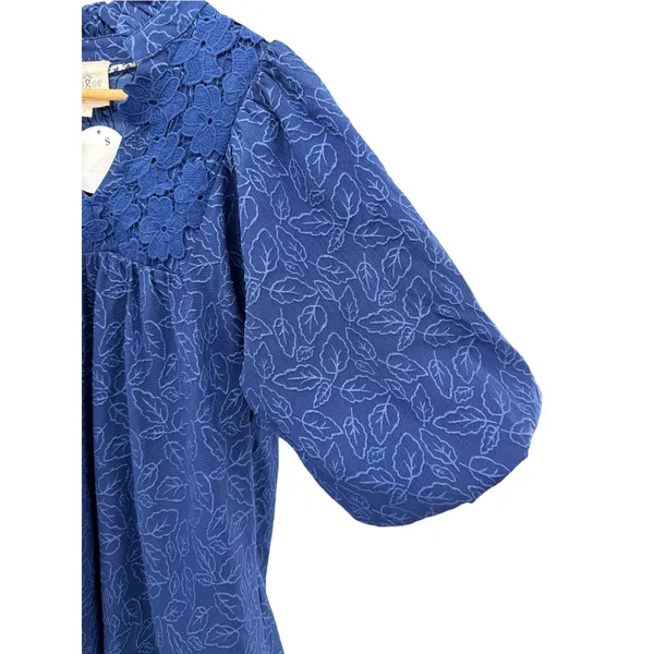 Umgee Blue Leaf Jacquard Puff Sleeve Lace Trim Babydoll Mini Dress S NEW Cottage - Image 2