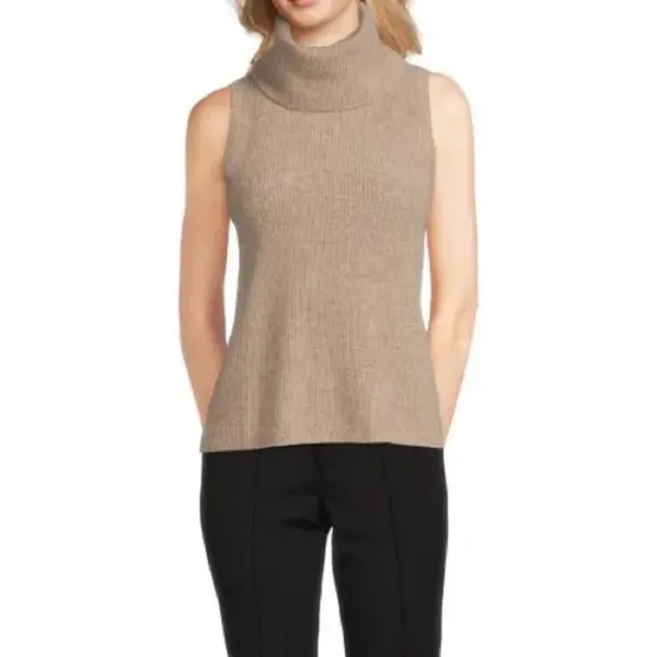 Saks Fifth Avenue Cashmere Sleeveless Ribbed Turtleneck Sweater Beige Oatmeal L - Image 8