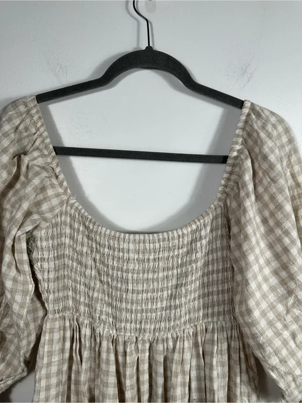 Anthropologie MABLE Gingham‎ Smocked Mini Dress Small Beige Babydoll Puff Sleeve Cotton - Image 6