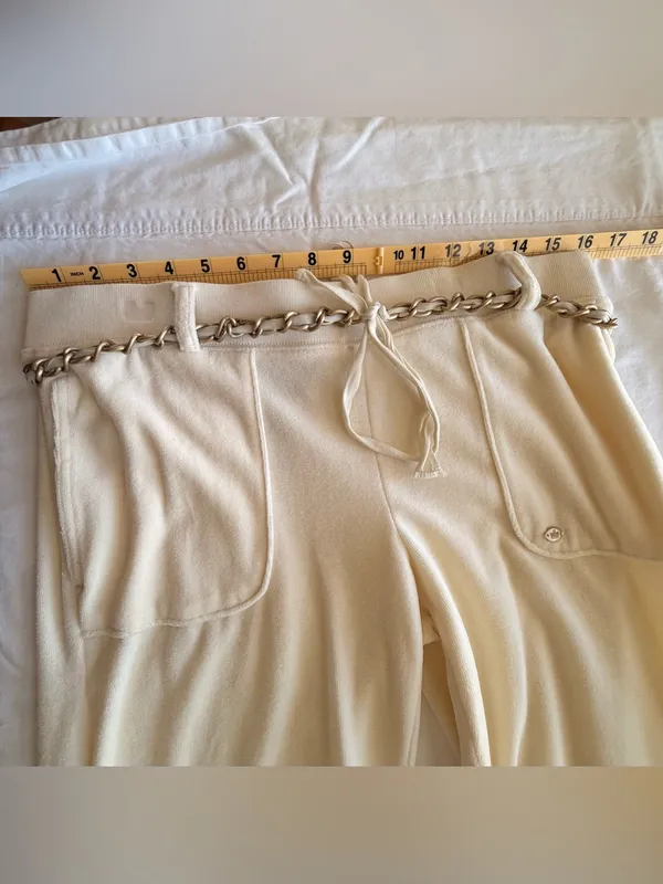 Juicy Couture Cream Velour Wide-Leg Lounge Pants with Gold Chain Trim Y2K Size M - Image 3