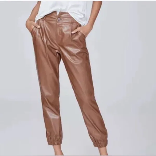 Paige‎ High Rise Pleated Mayslie Jogger Pants, Faux Leather Cognac, Size 10, NEW - Image 3