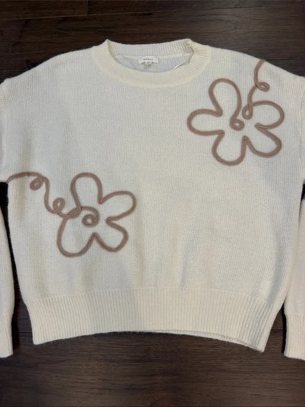 debut Cream Crewneck Sweater with Taupe Floral Outline Size Small - P99 - Image 2