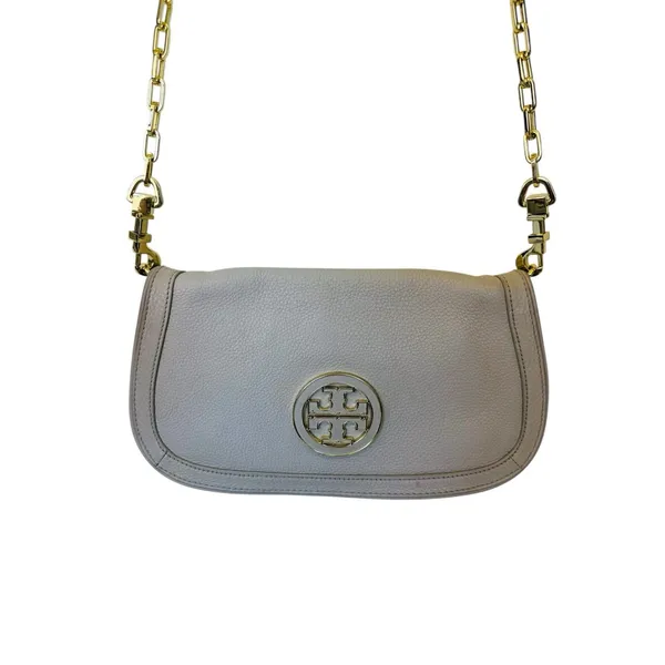 Tory Burch‎ Amanda Logo Gray Crossbody Clutch Gold Chain Flap Magnetic Closure - Image 4