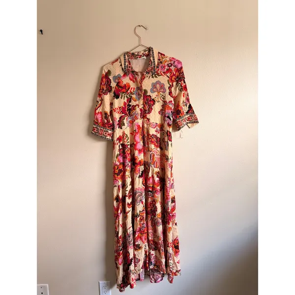 a loves a Womens Maxi Dress S Multicolor Viscose Boho Floral Tiered Button Front - Image 2