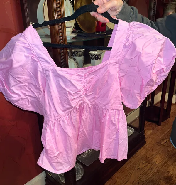 Old Navy Pink Puff Sleeve Ruched Smocked Babydoll Swing Top - Image 4