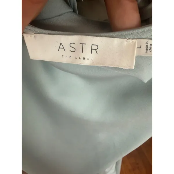 ASTR The Label Light Blue Satin‎ Cowl Neck Midi Slip Dress L Cross Back Slit - Image 6