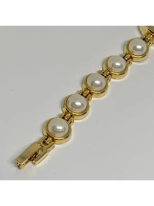 Vintage women’s watch faux pearls gold tone links 21mm quartz 7” running - Image 5
