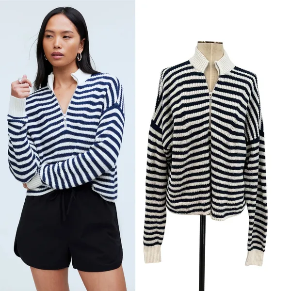 Madewell Ribbed Half-Zip Sweater in Stripe Ivory White Navy Blue‎ Size XXL - Image 2