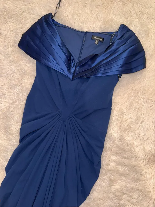 NEW Tadashi Shoji Seraphine Pleated Portrait Collar navy blue Gown Sz 14 - Image 8