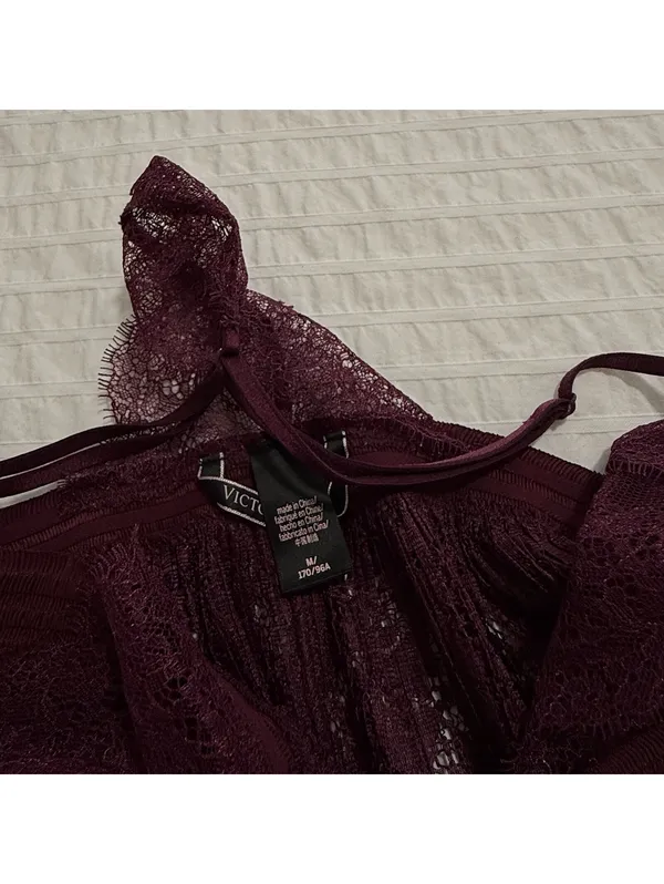 Victoria’s Secret Burgundy Plum Babydoll Slip Lingerie Sheer Lace Sz M Medium - Image 6