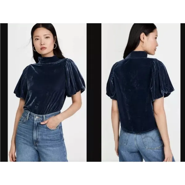 FREE PEOPLE‎ BLUE Claudia Velvet Mock Neck Women's short sleeve bohemian Top XS - Image 2