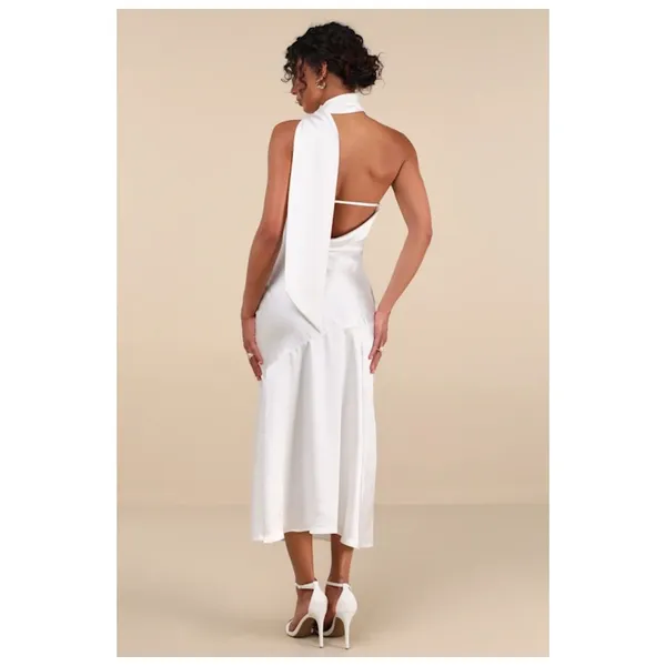 NWT Lulus Reglan White Satin One-Shoulder Sash Midi Dress Banquet Gala Size XS - Image 3