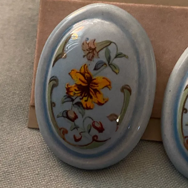 Vintage Enamel Pierced Earrings Blue Floral Flower Flowers 1.25” H Oval - Image 2
