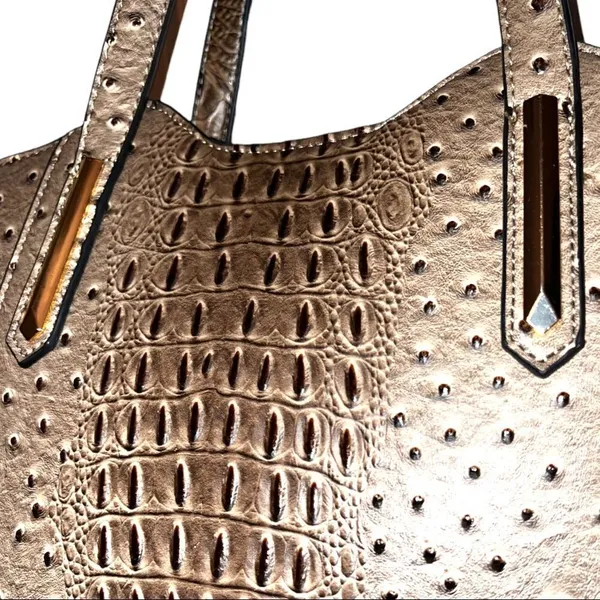 Isabella vegan leather ostrich satchel! Taupe in color with unique design! - Image 3