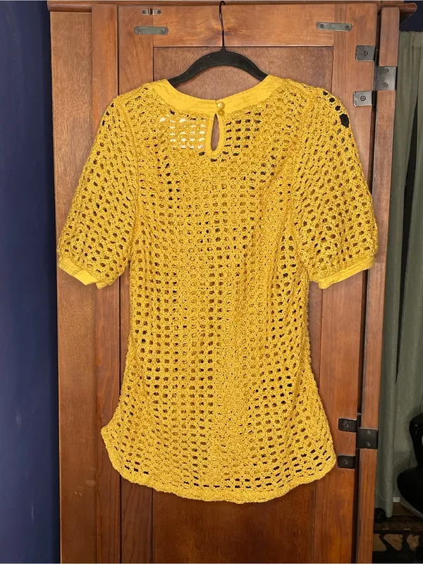 Anthropologie Angel of the North Metallic Crochet Knit Boho Sweater Top Yellow M - Image 3