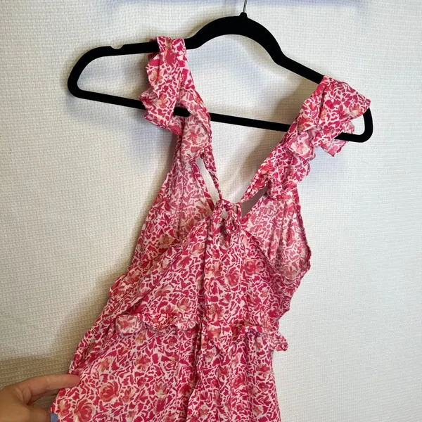 MISA Los Angeles Pink Floral Tiered Maxi Dress Ruffle V-Neck Size M - Image 5