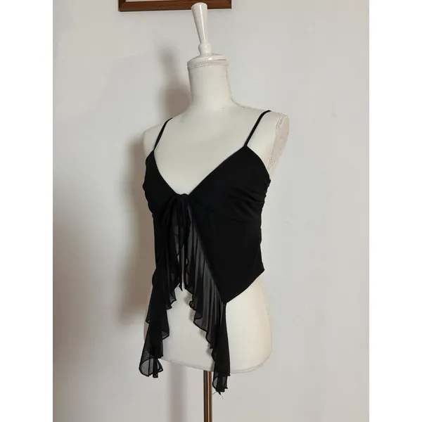 Steel Mill Black Mesh Ruffle Front Cami Tie Crop Top Sz L Fairy Fairycore Grunge - Image 4